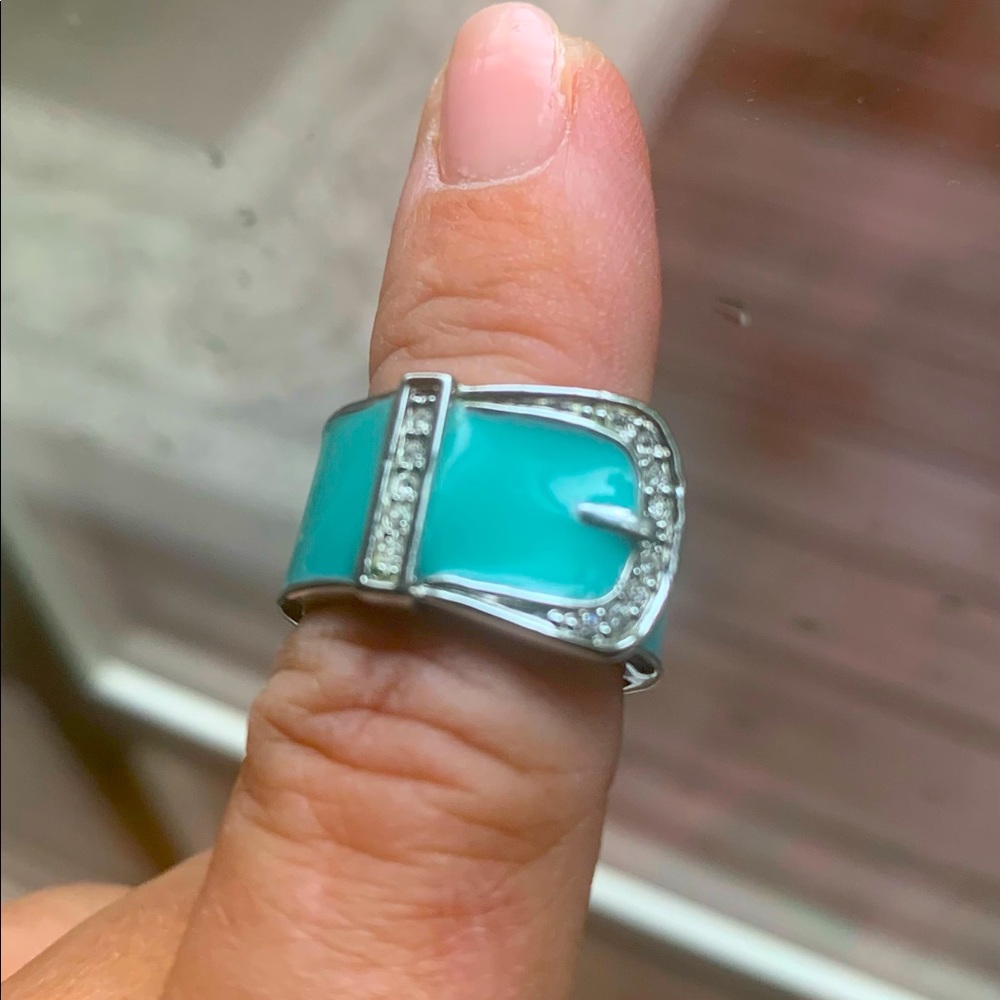 Belt Ring size 6 - teal w white stones - Picture 7 of 8